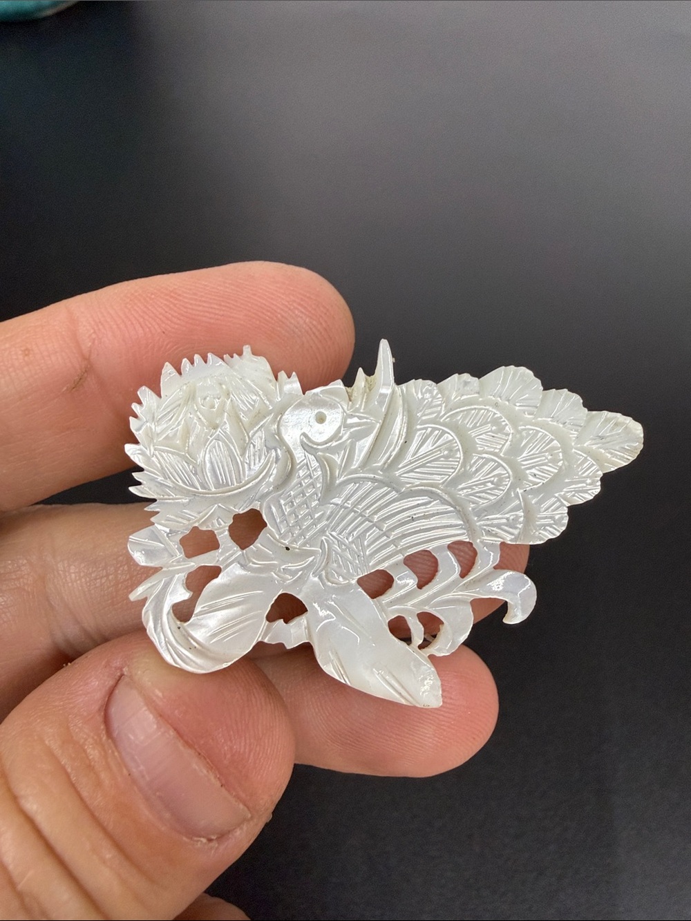 Mother of Pearl Carved Phoenix Brooch - White